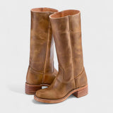 Sienna | Elegante kniehohe Lederstiefel mit Western-Details – Hellbraun