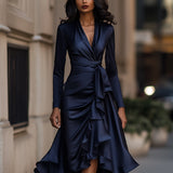 Satin-Maxikleid für Damen | Drapierte Rüschen, lange Ärmel – Marineblau