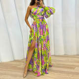 Damen Eine Schulter Plissiertes Blumen Kleid – Gelb - Lila
