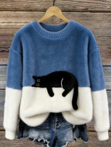 Damen Oversized Pullover mit Farbblockdesign und Katzenmotiv – Blau