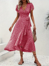 Hannah | V-Ausschnitt Wickel Kleid Rüschen – Rot