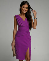 Damen V-Ausschnitt Figurbetontes Business Kleid - Kurzarm Mit Schlitz – Lila