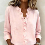 Indie Bluse Damen mit Rüschen, V-Ausschnitt & langen Ärmeln – Pink