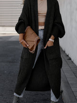 Damen Maxi Cardigan mit langen Ärmeln und Taschen – Schwarz