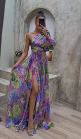 Damen Florales Schulterfreies Sommerkleid - Eleganter Fließender Event Kleid – Lila