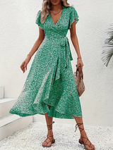 Hannah | V-Ausschnitt Wickel Kleid Rüschen – Grün