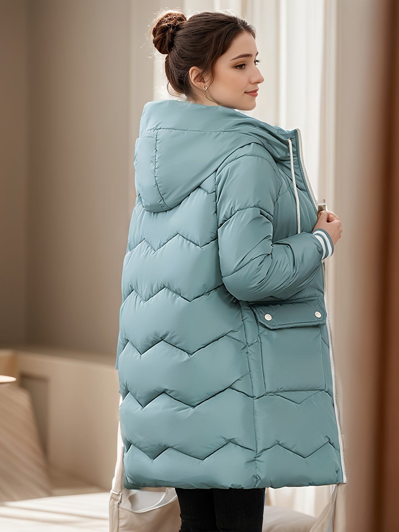 Langer lässiger Wintermantel mit Kordelzug und Klappentaschen für Damen |  Ideal für den Winter