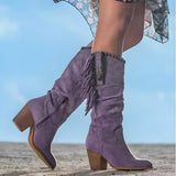 Marina | Boho kniehohe Wildlederstiefel mit Fransen und Türkisdetails – Purple