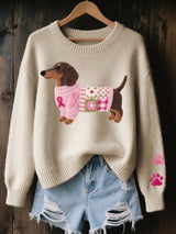 Charlotte | Bezaubernder Dackel Patchwork Strickpullover für Damen – Beige