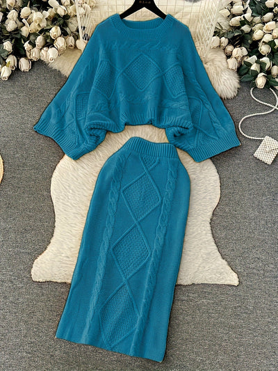 Stilvoller Pullover-Zweiteiler mit hohem Kragen, ausgestellten Ärmeln und Slim-Strickrock für Damen | Ideal für das tägliche Tragen