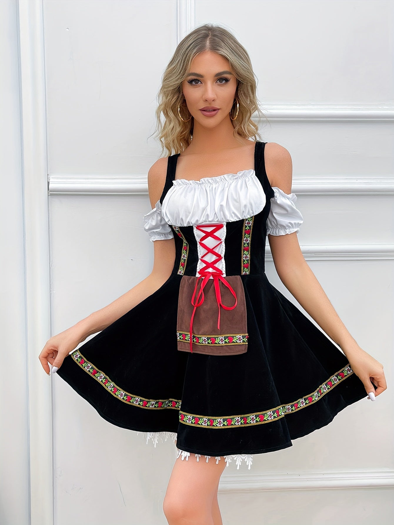 Damen Schwarz Schulterfrei Oktoberfest Dirndl Kleid