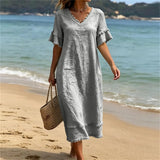 Bruhildda | Boho-Kleid aus Baumwolle mit Quastenbesatz – Grau