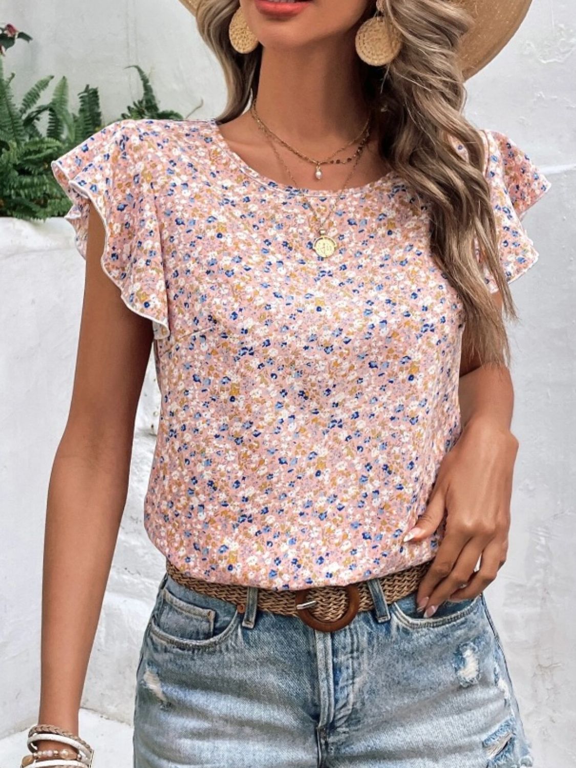 Ina® | Kleines Blumenmuster Top mit Cap-Ärmeln und rundem Ausschnitt