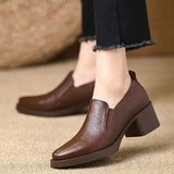 Damen Spitze Leder Loafer Mit Blockabsatz – Freizeit Schuhe – Braun