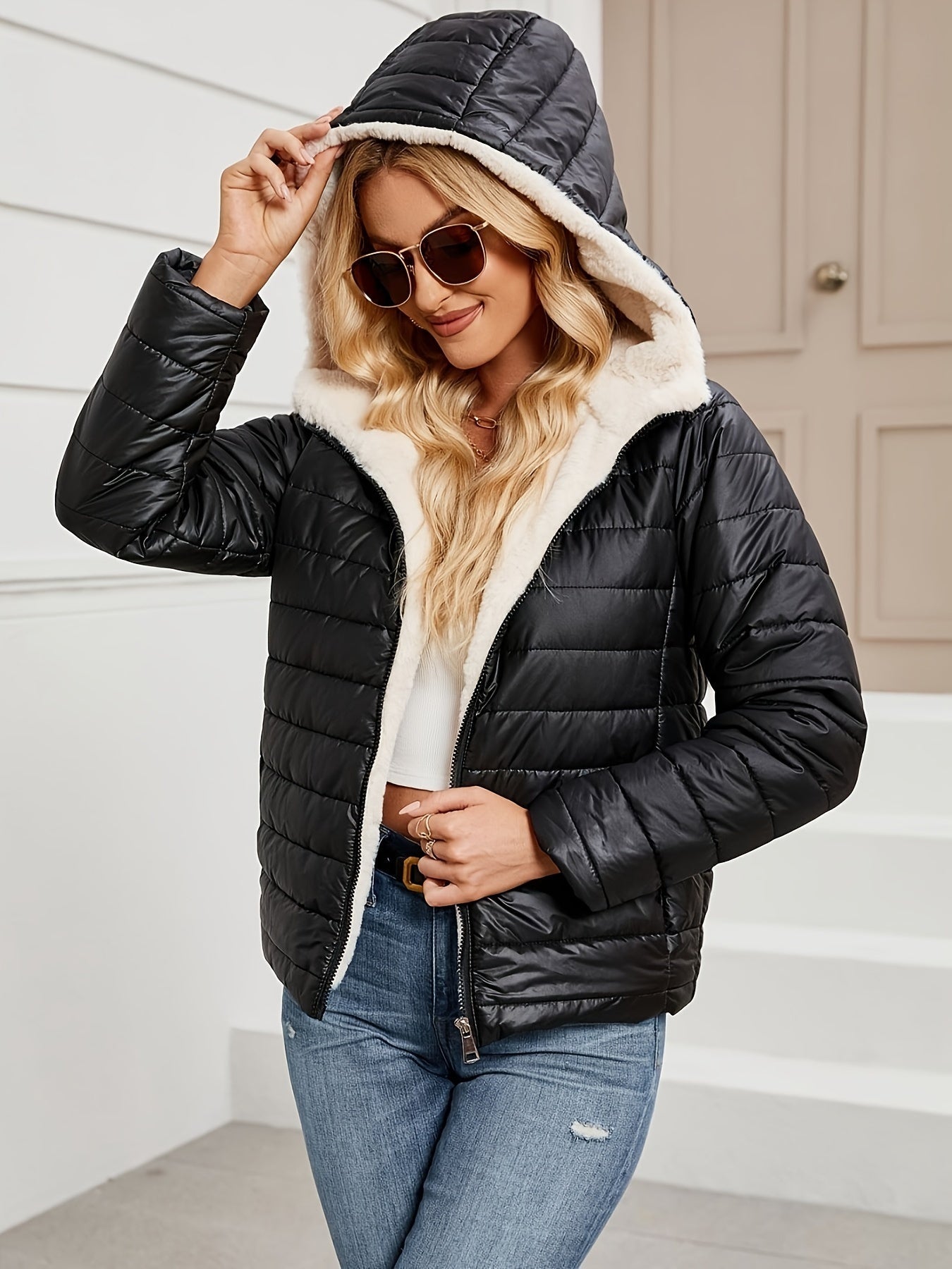 Lässige warme Wolljacke mit Kapuze und Polsterung für Damen |  Ideal für den Winter