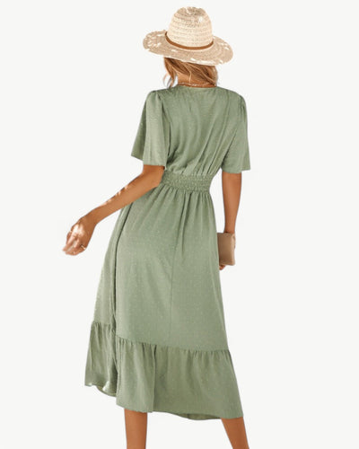 VALE | SAGE™ RENÉE – Calf-Length Dress with V-Neck and Short Sleeves