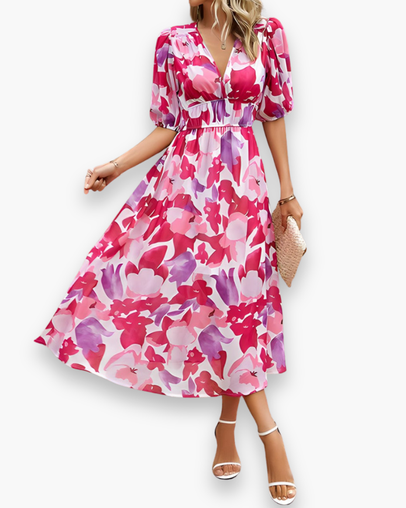 Damen Elegantes Blumendruck Midikleid | Midi Sommer Kleid