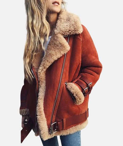 Fleece-gefütterte Wildlederjacke mit Gürtel für Frauen