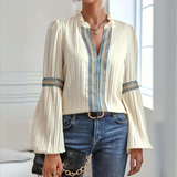 Damen Boho Chiffonbluse – Langarm Leichtes Lässiges Top – Beige