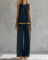 Damen Lockeres Leinen Zweiteiler Set - Ärmelloses Casual Outfit – Marine blau