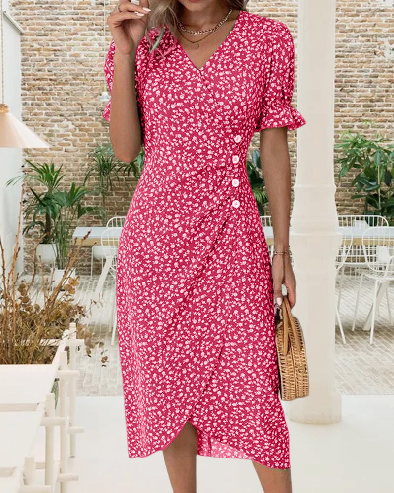 Damen Stilvolles Blumen Wickel Kleid | Midi