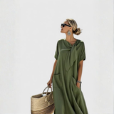 Elisa | Damen Lockeres Taschen Bindekragen Midi Kleid – Armeegrün