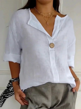 Damen V Ausschnitt Langarm Bluse – Weiß