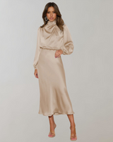 Anna | Damen Elegantes Satin Langarmkleid – Beige