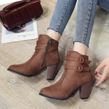 Carolin | Damen High-Heel-Stiefeletten mit Schnalle und Reißverschluss – Dunkelbraun