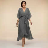Cindy | Damen Chiffonkleid V-Ausschnitt – Chiffon Kleid V-Neck Elegant 2026 – Hellgrau