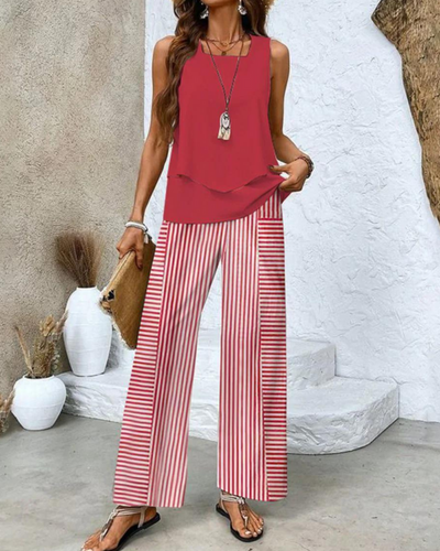 Damen Sommer Set Zweiteiler | Ärmelloses Top & Gerade Hose