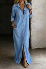 Sylvera - Premium Maxi-Hemdblusenkleid – Hellblau