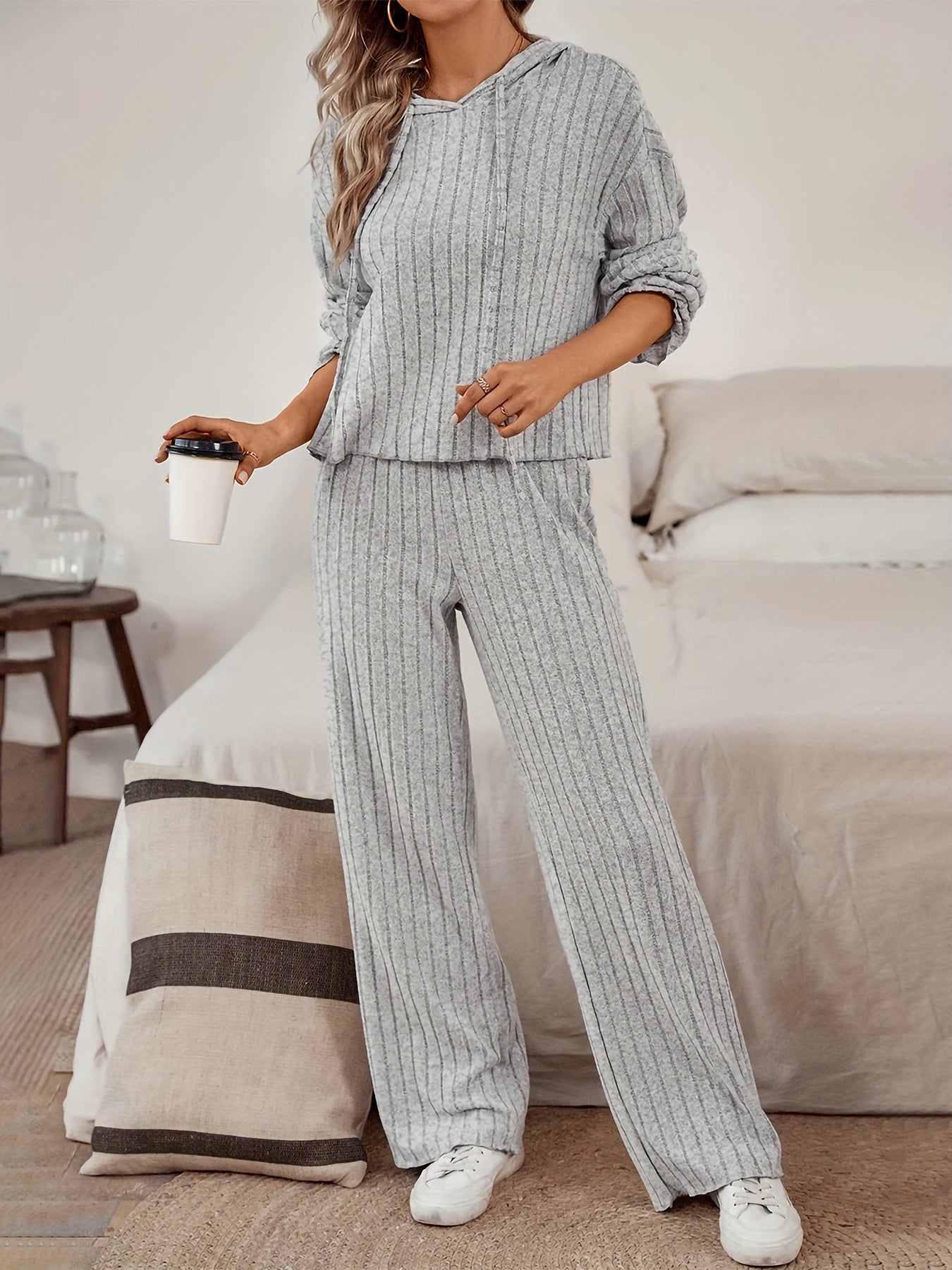 Damen Freizeit-Uni-Farbener Kapuzenpullover und Gerade-Jogginghosen mit Kordelzug | Ideal für Active Wear