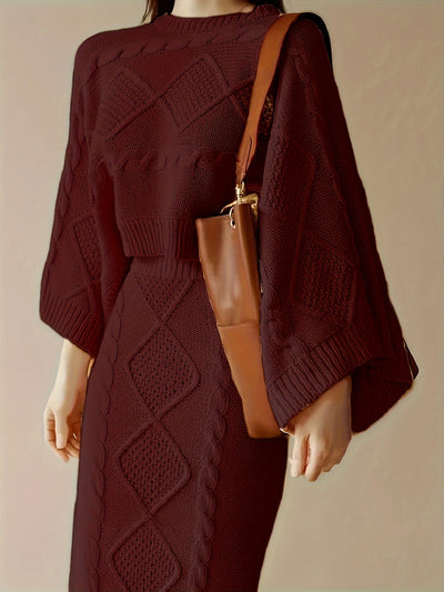 Stilvoller Pullover-Zweiteiler mit hohem Kragen, ausgestellten Ärmeln und Slim-Strickrock für Damen | Ideal für das tägliche Tragen