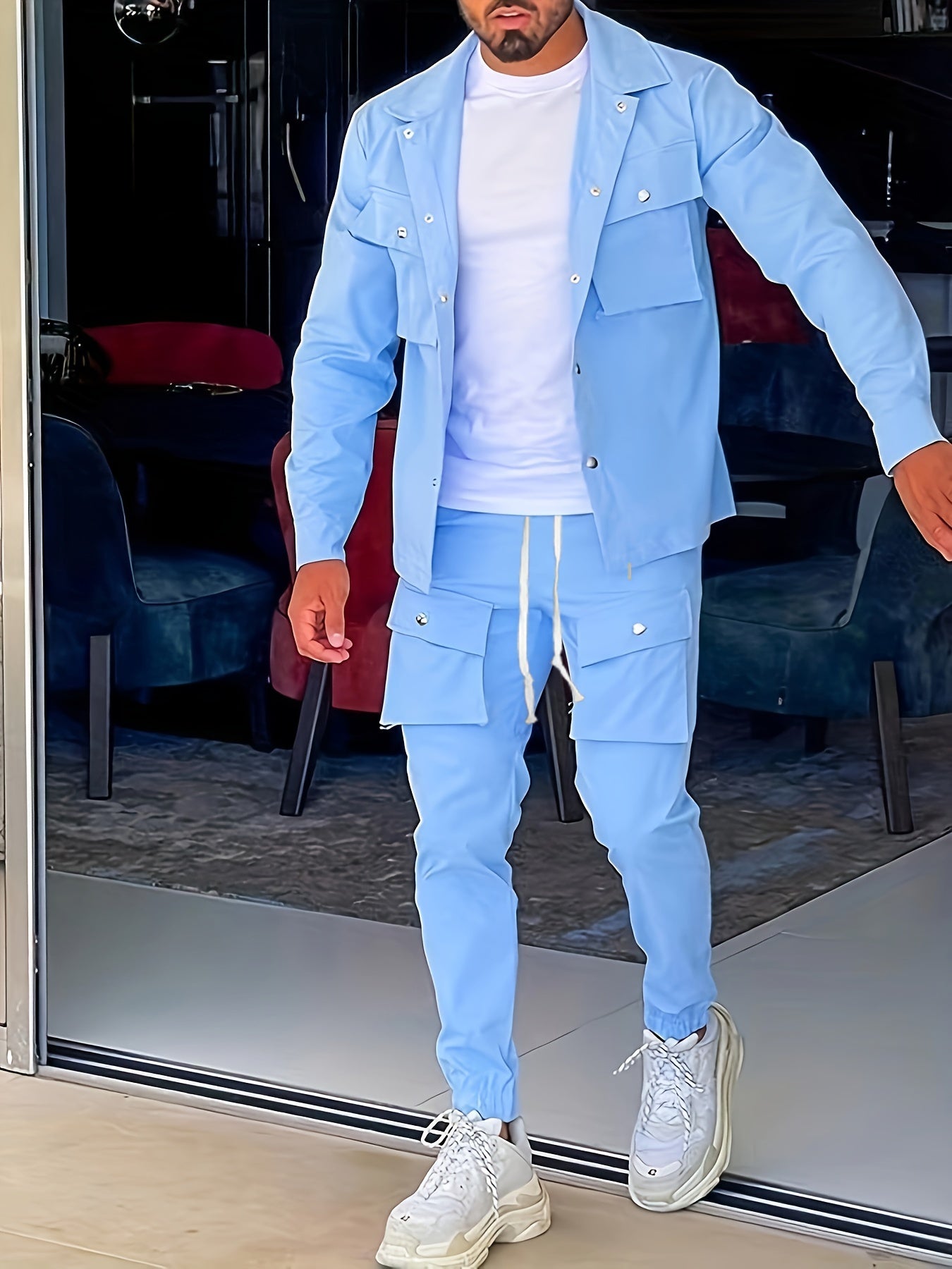 Lässiger Langarm Trainingsanzug mit Reissverschluss, Brusttaschen und Kordelzughose für Herren | Perfekt für Outdoor-Aktivitäten