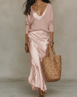 Mara | Elegantes Kleid mit langen Ärmeln im Satin-Strick-Look – Rosa