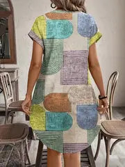 Evelyn | Women's Summer Geometric Print V-Neck Kleid mit Knöpfen