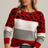 Sarah | Stylischer Leopard-Colorblock-Strickpullover – Rot