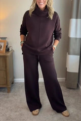 Aivra | Damen Turtleneck Langarm Weitbeiniger Zweiteiler mit Taschen – Kaffee