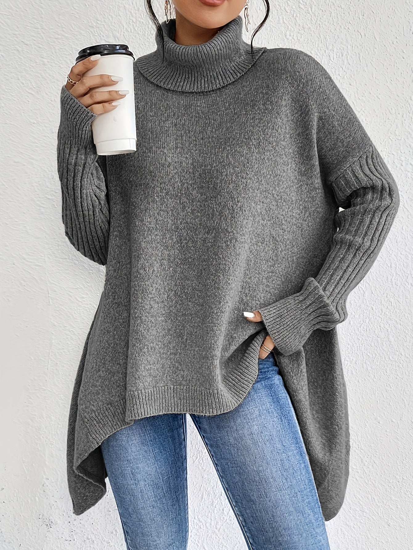 Lässiger Longpullover Damen mit Asymmetrischem Saum und Rollkragen aus Baumwolle für Damen | Ideal für den Winter