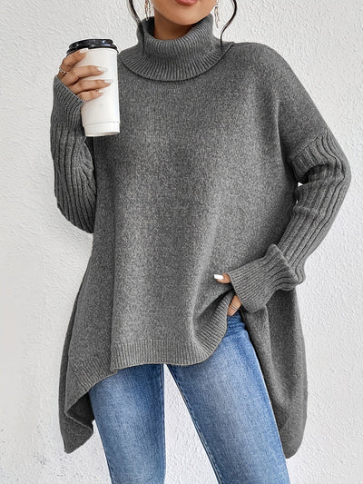 Lässiger Longpullover Damen mit Asymmetrischem Saum und Rollkragen aus Baumwolle für Damen | Ideal für den Winter