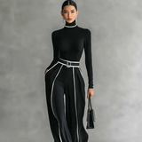 Set aus Damen-Rollkragenpullover und Hose mit weitem Bein – Schwarz