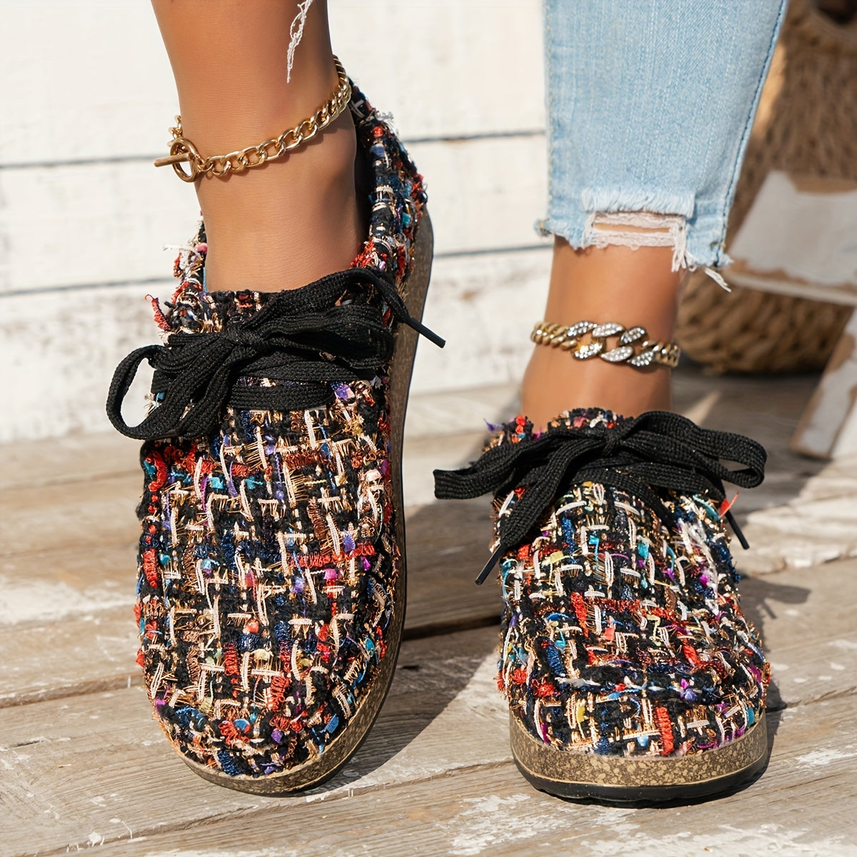 Damen Vintage Gewebte SchnürSchuhe