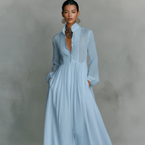Damen-Maxikleid aus Leinenmischung mit Patchwork-Muster und Knopfleiste – Blau