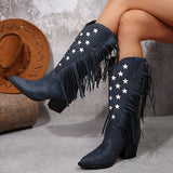 Janina | Stylische Cowboy-Stiefel mit Fransen und Sternen – Marineblau