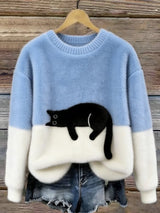 Damen Oversized Pullover mit Farbblockdesign und Katzenmotiv – Hellblau