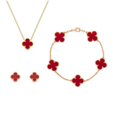 Damen Kleeblatt Stil 3-In-1 Schmuckset – Luxus Halskette Armband Ohrringe – Rot