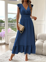 Alina | V-Ausschnitt Maxikleid Rüschen Saum Damen – Marineblau