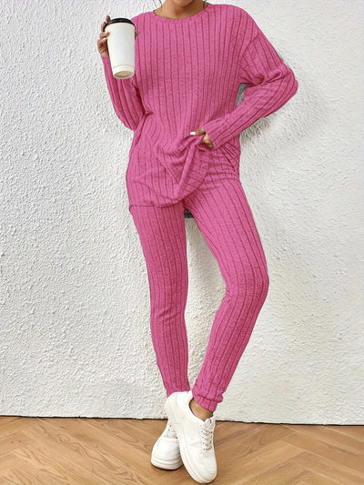 Damen Freizeit-Langarm-Rundhals-Oberteil und High-Waist-Skinny-Hosen-Set | Ideal für Active Wear