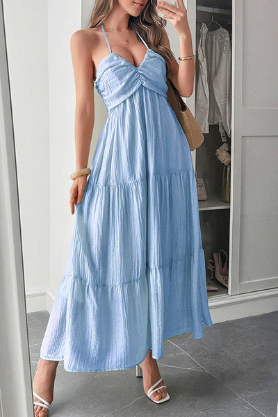 Lara® | Maxikleid mit Unifarbenem Halfter Hals und Bindung im lässigen Urlaubsstil